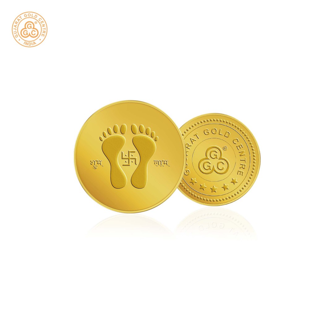 5gm 24K gold coin with embossed Laxmi Pagla and Swastik,  Shubh and Labh text, polished finish, GGC logo and hallmark on back.