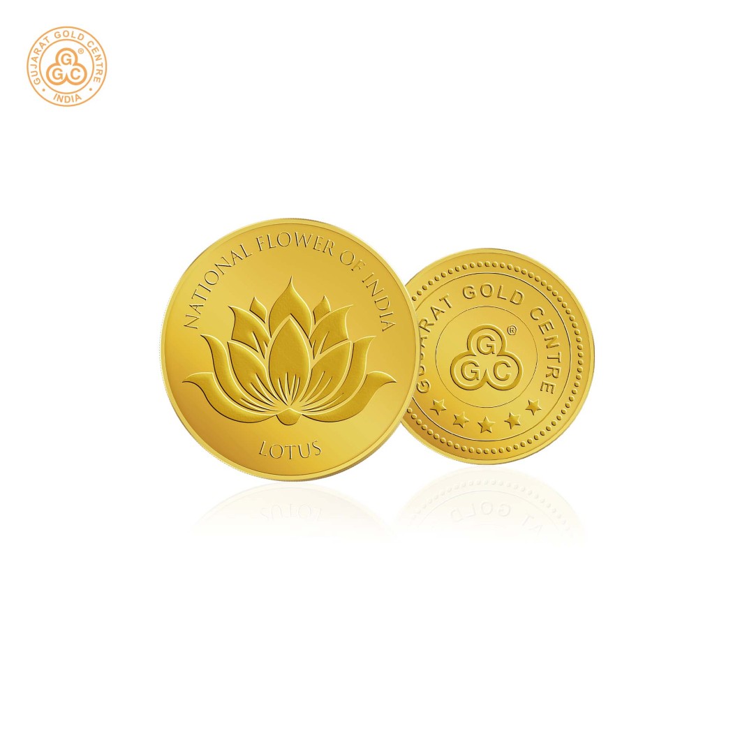 5gm 24K gold coin with embossed lotus flower and ‘National Flower  of India’ text, polished finish, GGC logo and hallmark on back.