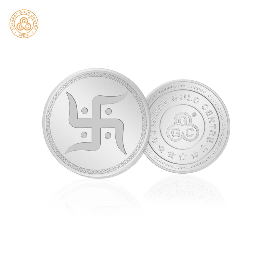 10gm 999 silver coin with embossed Swastik symbol on front and  GGC logo on back, polished finish with detailed border engraving.