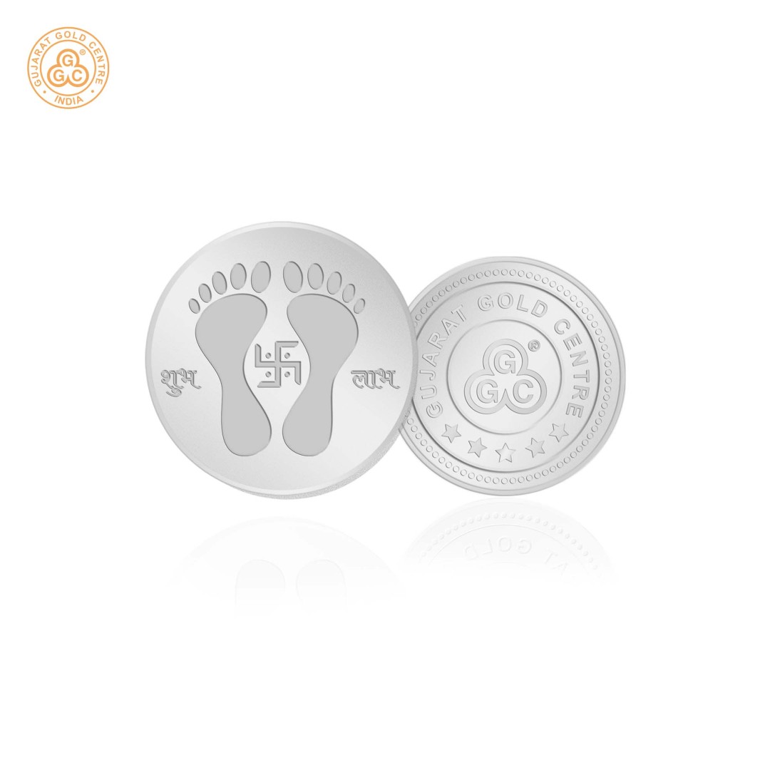 10gm 999 silver coin with embossed Laxmi Pagla and Swastik at center,  ‘Shubh’ ‘Labh’ text, polished finish, GGC logo with hallmark on back.