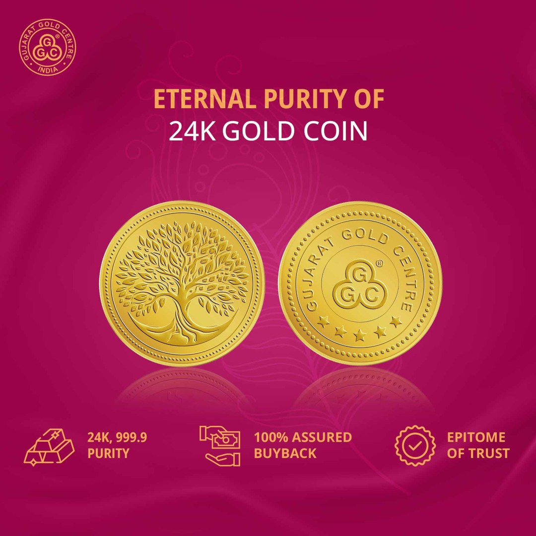 5gm 24K gold coin with embossed Kalpavriksha tree design on front,  polished finish, GGC logo and hallmark engraved on back.