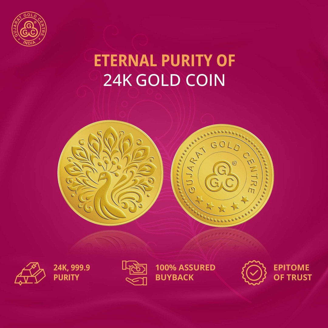 5gm 24K gold coin with embossed peacock design in full feather spread,  polished finish, GGC logo and hallmark engraved on back.