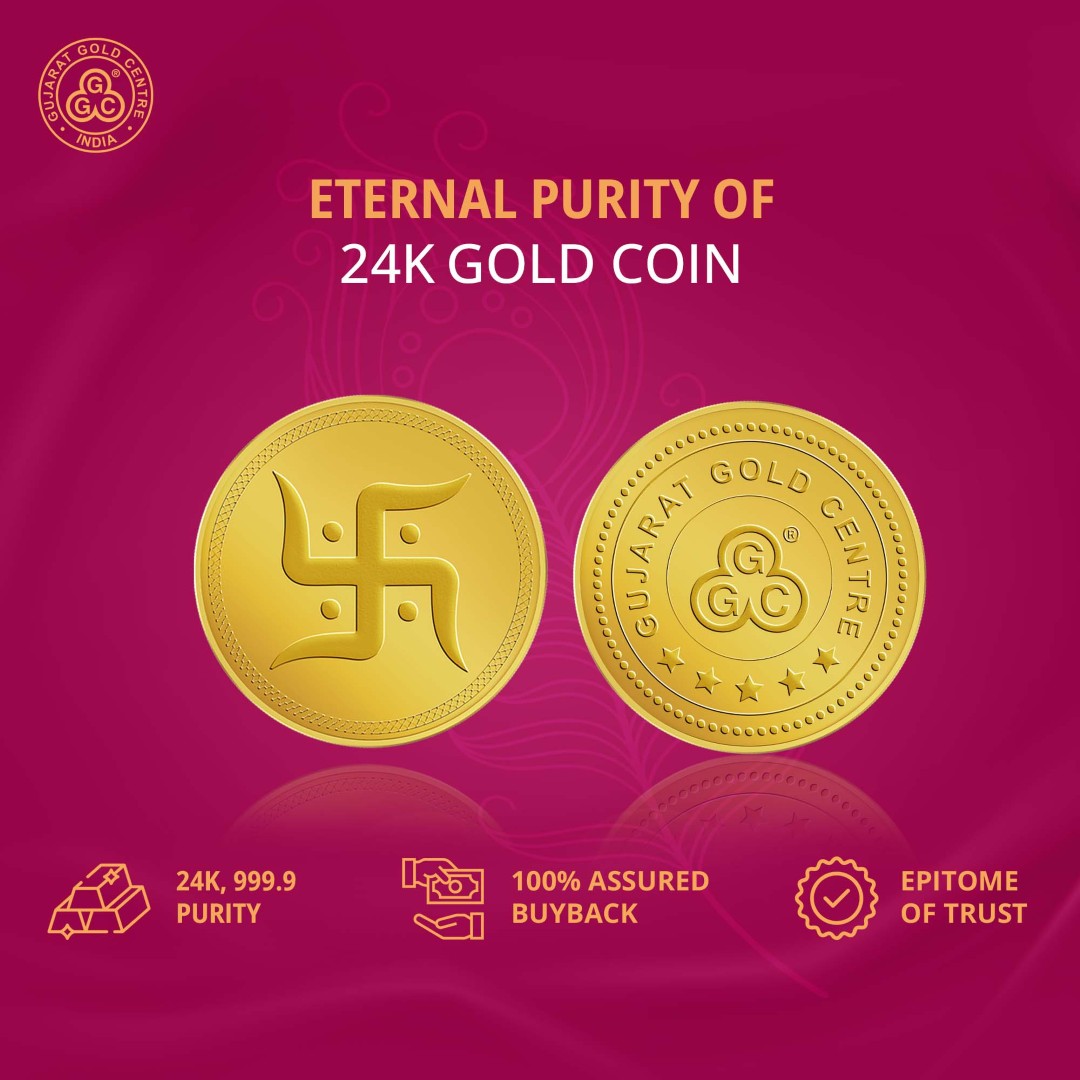 5gm 24K gold coin with engraved Swastik symbol at center,  fine border design, polished finish, GGC logo and hallmark on back.