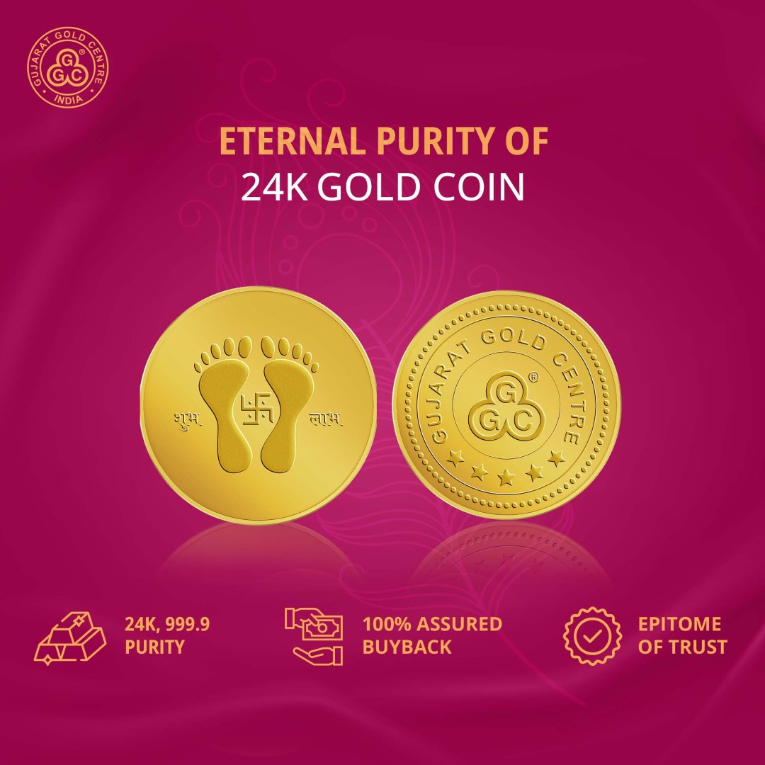 5gm 24K gold coin with embossed Laxmi Pagla and Swastik,  Shubh and Labh text, polished finish, GGC logo and hallmark on back.
