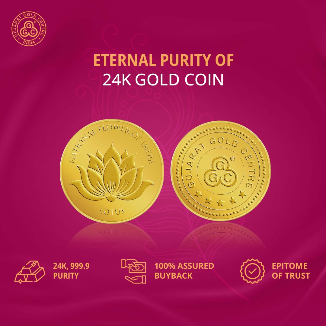 5gm 24K gold coin with embossed lotus flower and ‘National Flower  of India’ text, polished finish, GGC logo and hallmark on back.