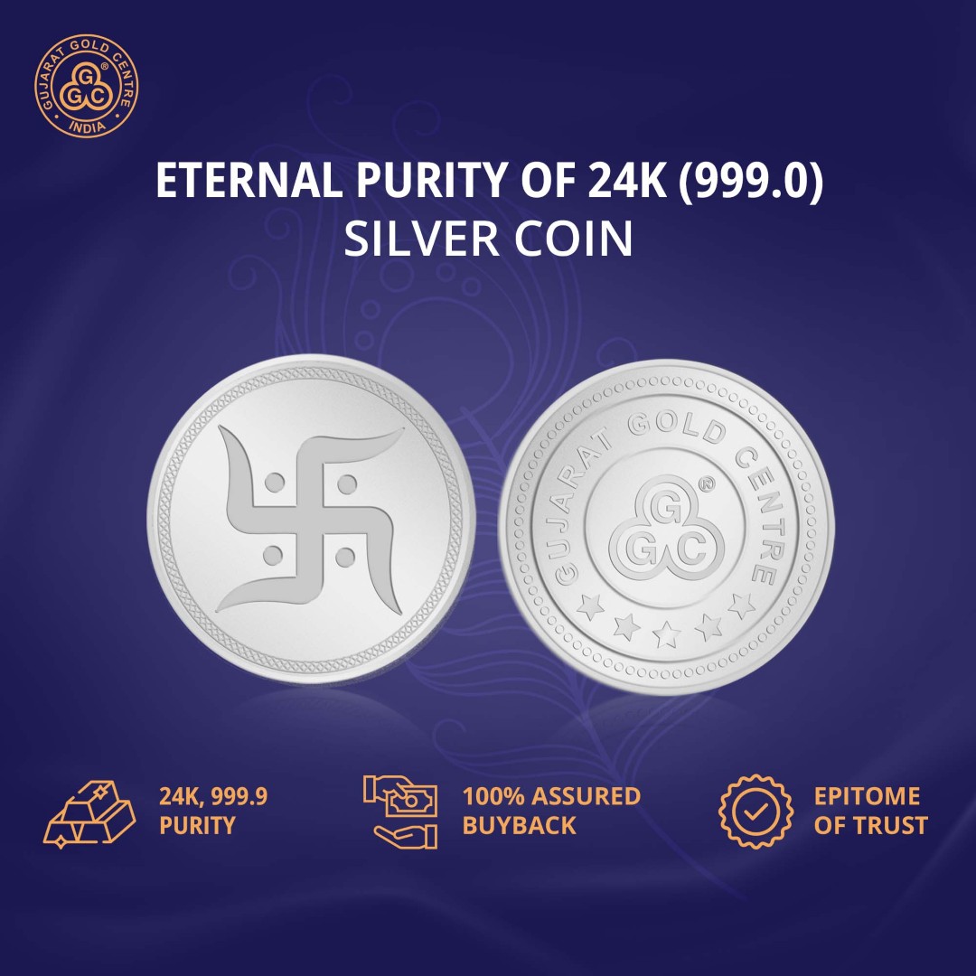 10gm 999 silver coin with embossed Swastik symbol on front and  GGC logo on back, polished finish with detailed border engraving.