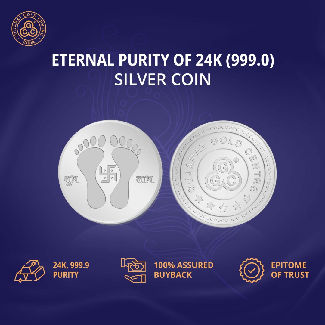 10gm 999 silver coin with embossed Laxmi Pagla and Swastik at center,  ‘Shubh’ ‘Labh’ text, polished finish, GGC logo with hallmark on back.