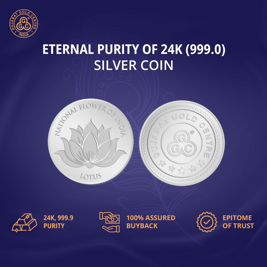 10gm 999 silver coin with embossed lotus flower and  ‘National Flower of India’ text, polished finish, GGC logo with hallmark on back.