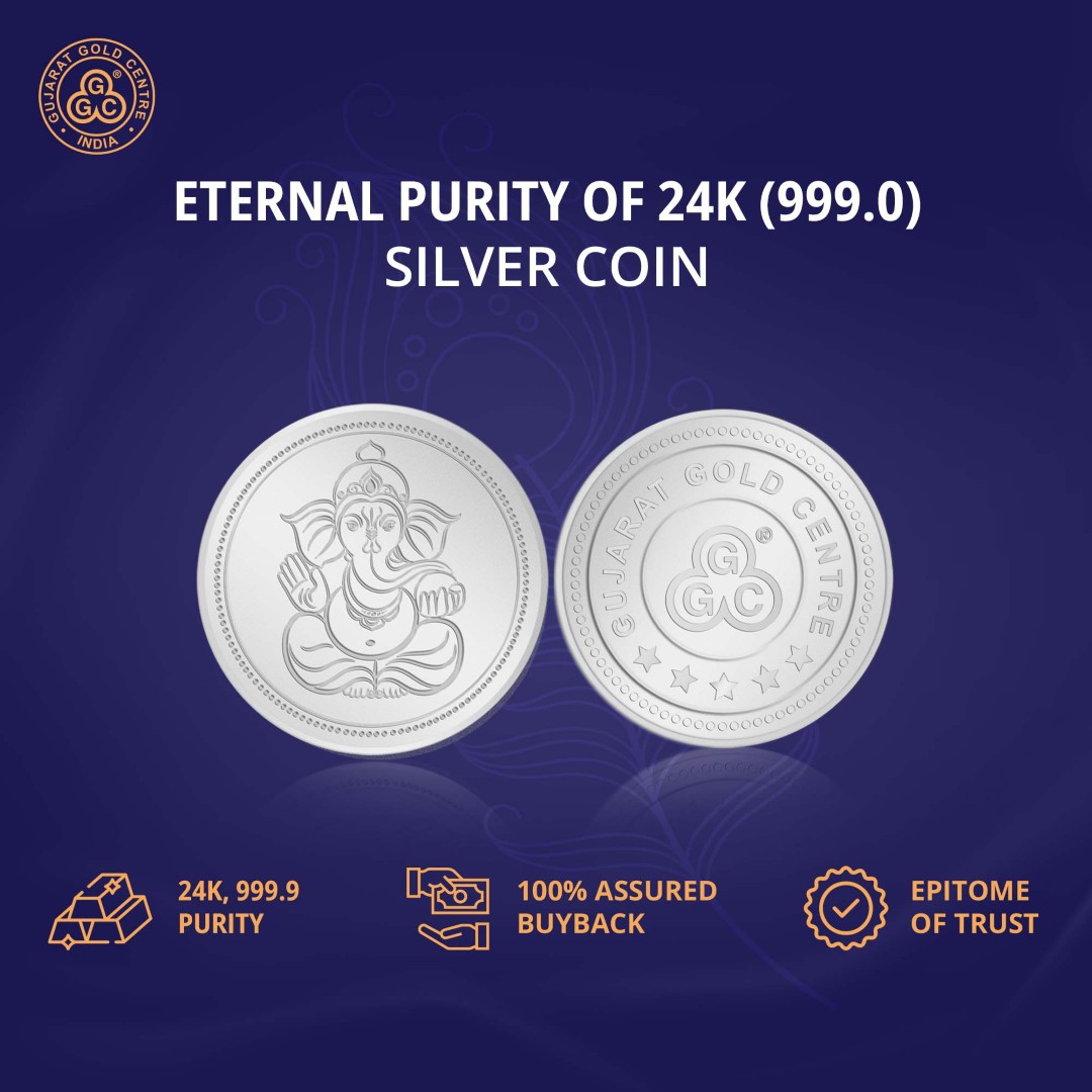 10gm 999 silver coin with detailed embossed Lord Ganesha sitting pose on front,  polished finish, GGC logo and hallmark on back.