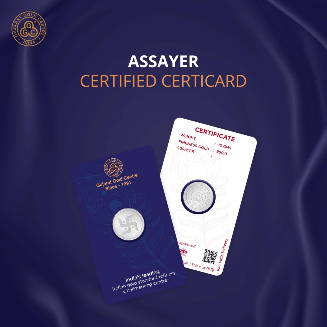 10gm 999 silver coin with embossed Swastik symbol on front and  GGC logo on back, polished finish with detailed border engraving.