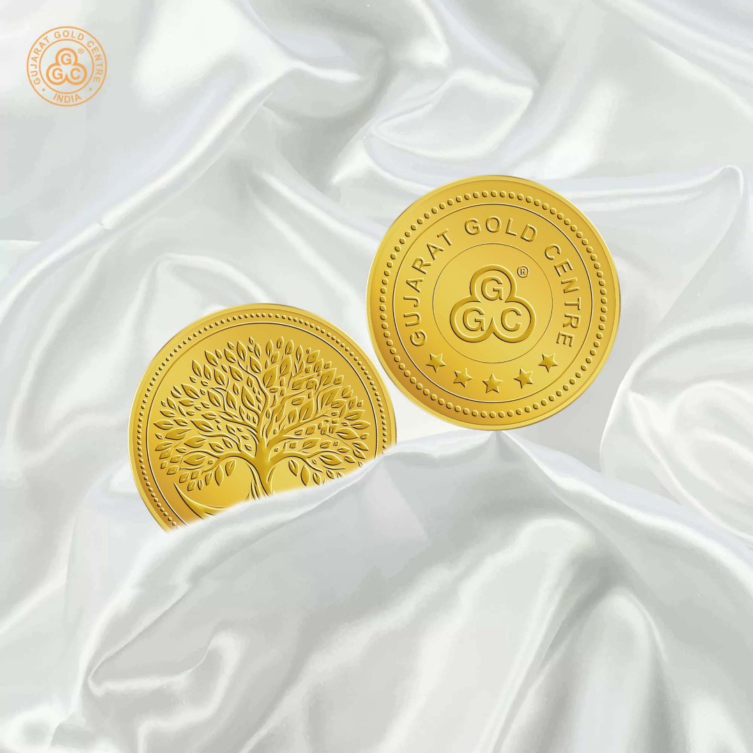 5gm 24K gold coin with embossed Kalpavriksha tree design on front,  polished finish, GGC logo and hallmark engraved on back.
