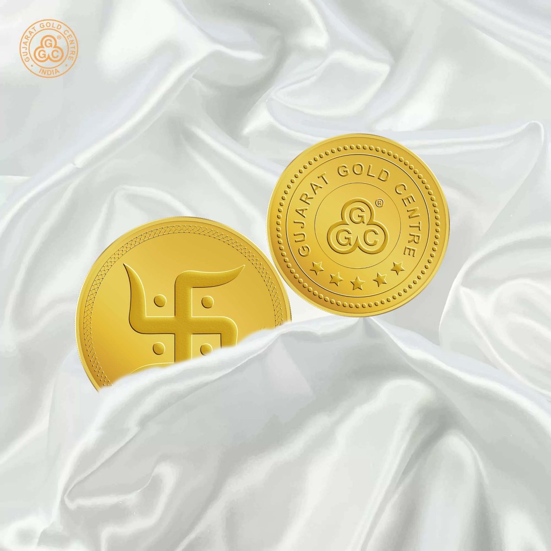 5gm 24K gold coin with engraved Swastik symbol at center,  fine border design, polished finish, GGC logo and hallmark on back.