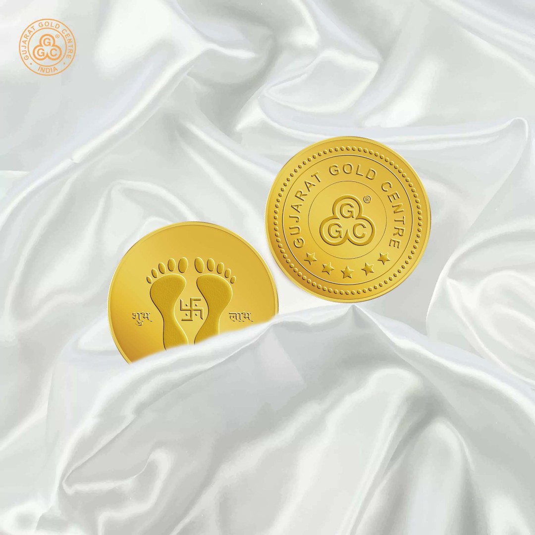 5gm 24K gold coin with embossed Laxmi Pagla and Swastik,  Shubh and Labh text, polished finish, GGC logo and hallmark on back.
