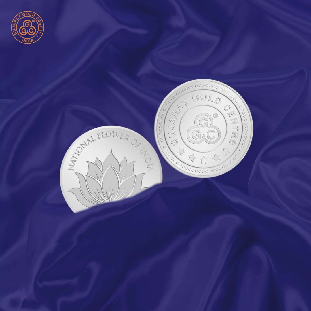 10gm 999 silver coin with embossed lotus flower and  ‘National Flower of India’ text, polished finish, GGC logo with hallmark on back.